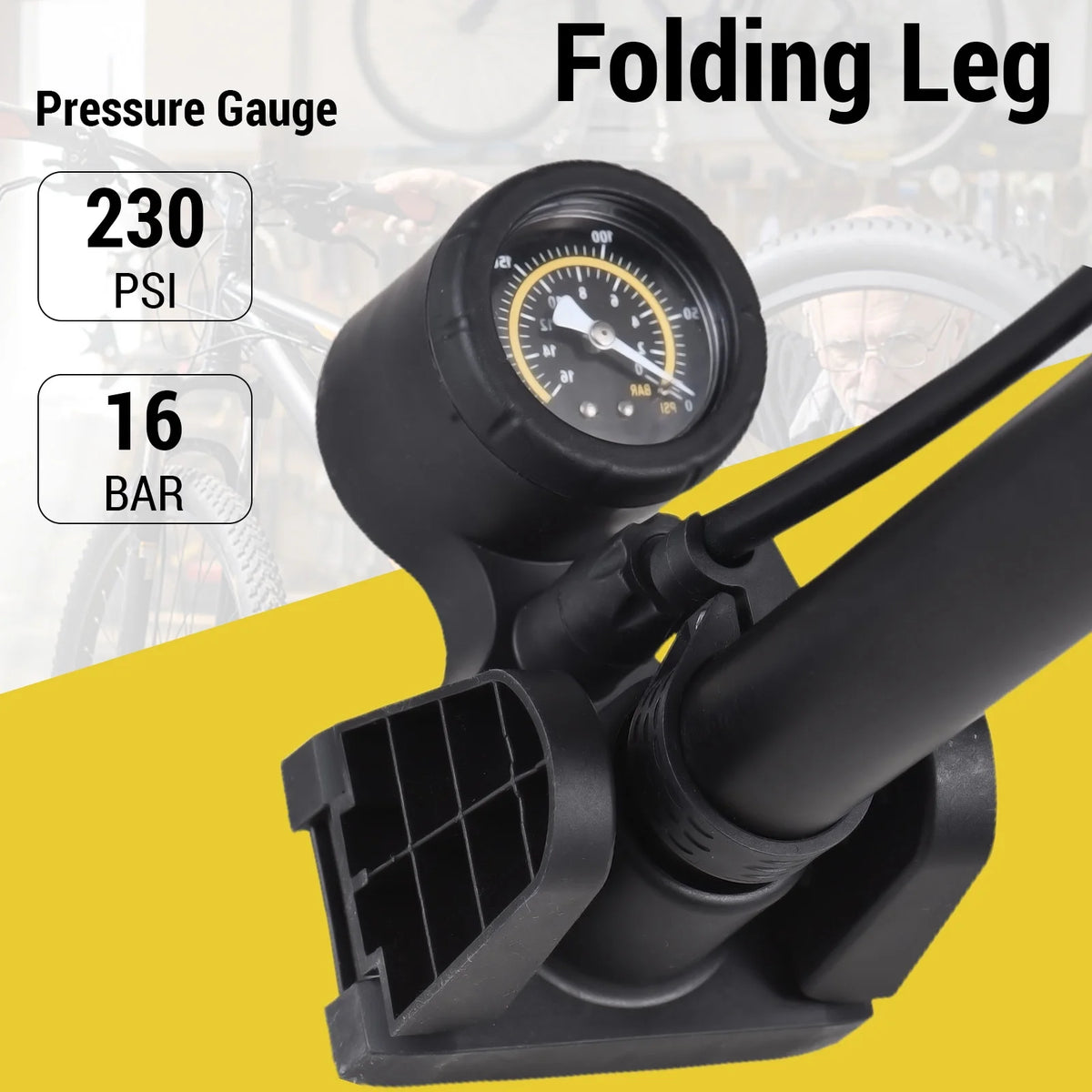 Bike Floor Pump with Pressure Gauge 230PSI, Folding Pedal, Presta/Schrader Valve A4165