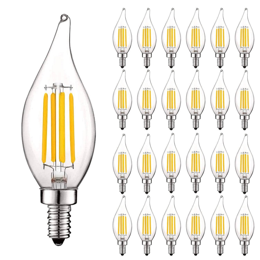 Vintage Candelabra E12 LED Bulb 5w, 550 Lumens, 2700K Warm White, Dimmable, Flame Tip Clear Glass (24 Pack) L3303