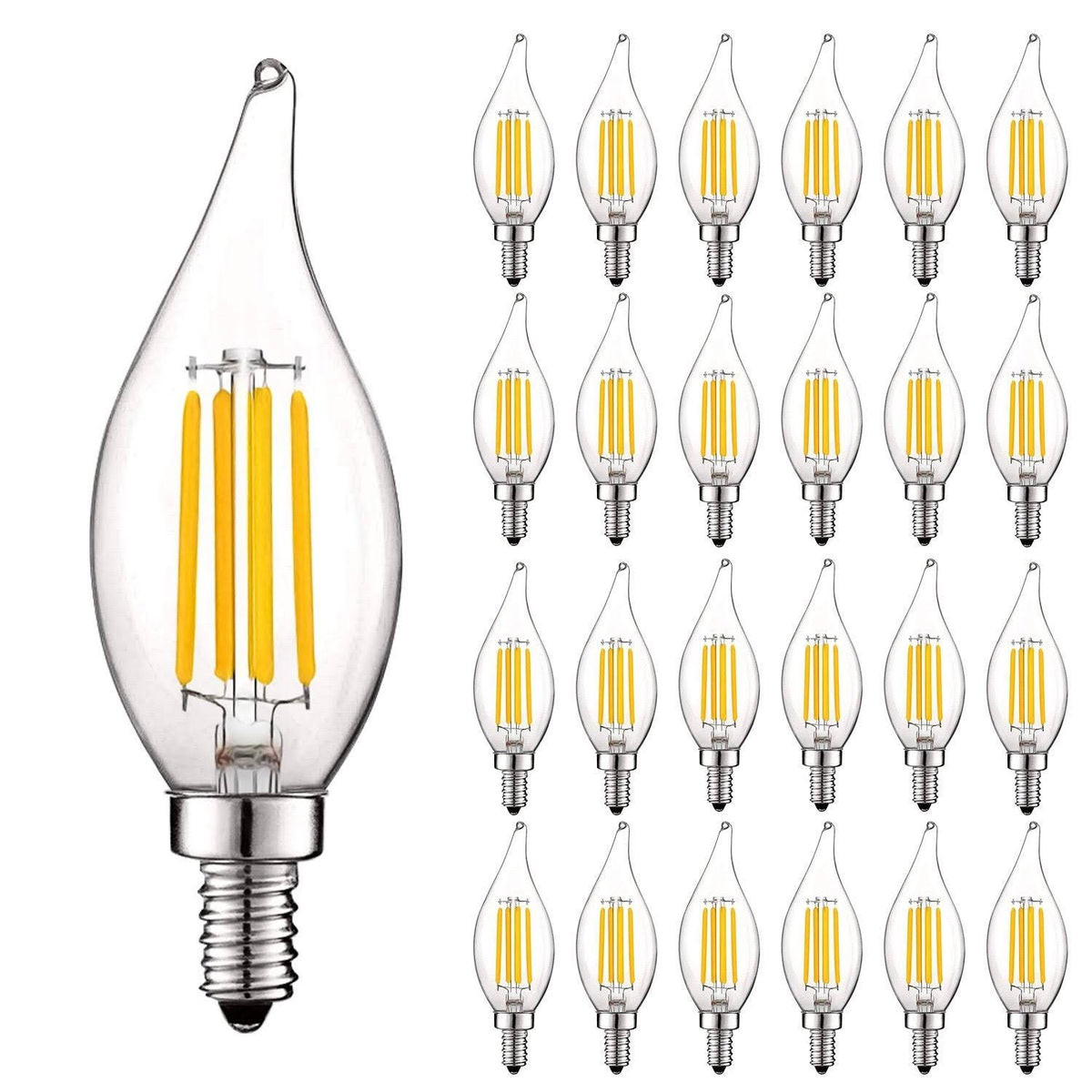 Vintage Candelabra E12 LED Bulb 5w, 550 Lumens, 2700K Warm White, Dimmable, Flame Tip Clear Glass (24 Pack) L3303