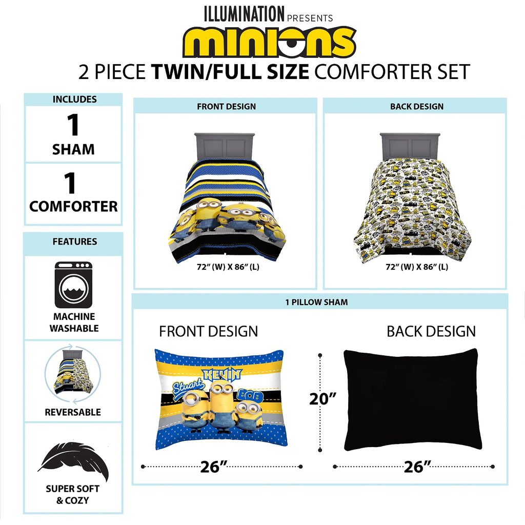 Reversible Blue and Yellow Kids Comforter and Sham Set I7513