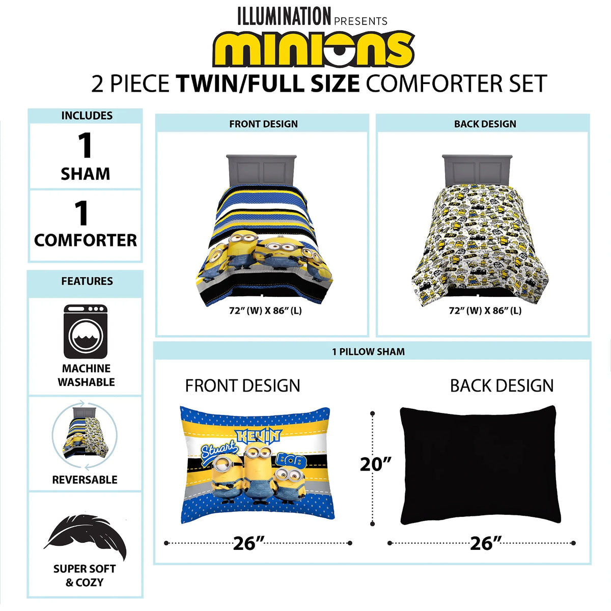 Reversible Blue and Yellow Kids Comforter and Sham Set I7513