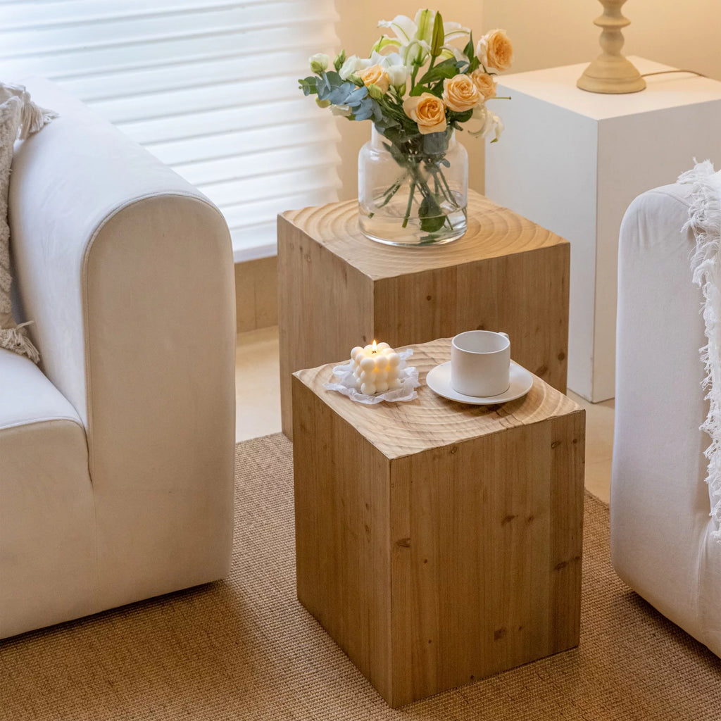 Set of 2 Natural Wood Tree Ring Pattern End Table I582808