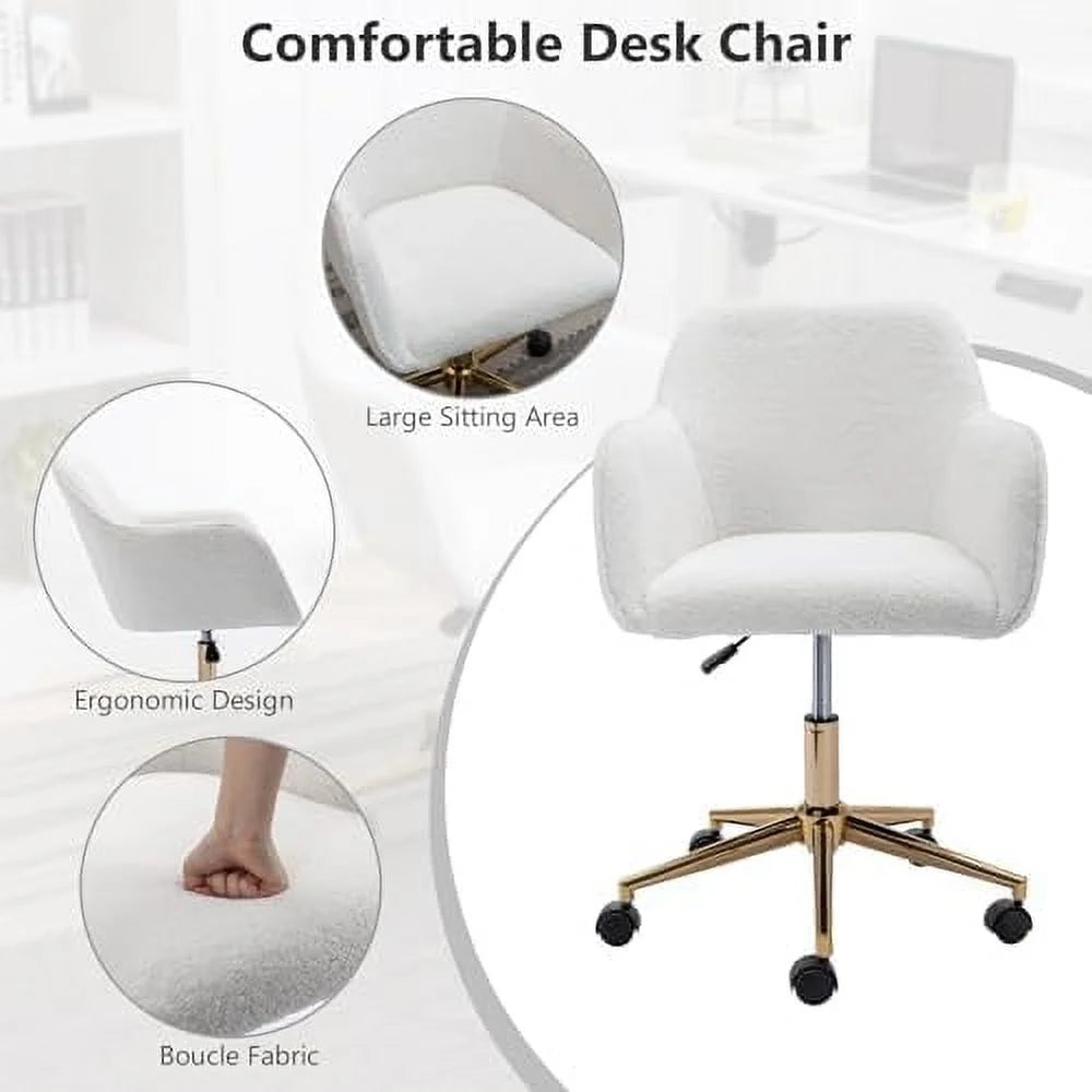White Sherpa Desk Chair with Wheels and Arms S324
