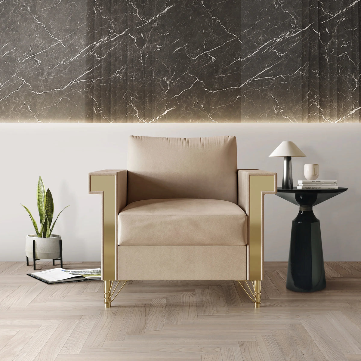 Beige Velvet Upholstered Armchair L4904