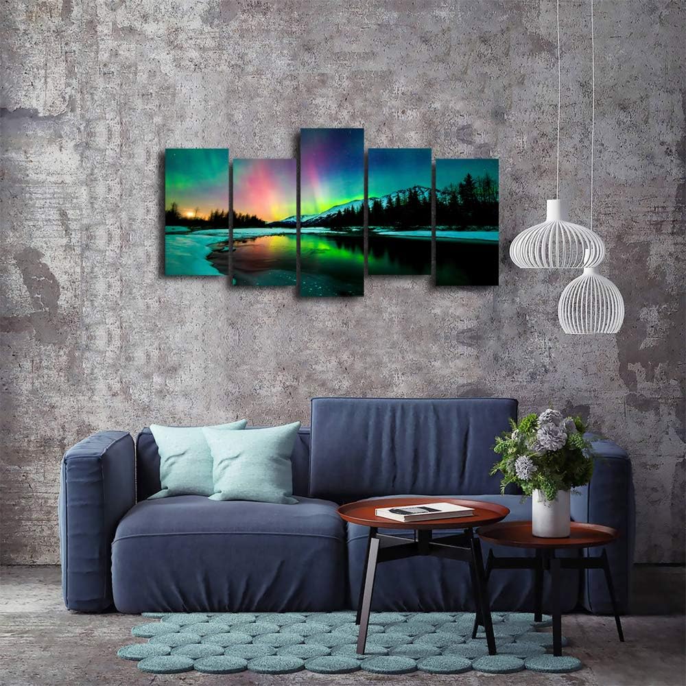 5 Pieces Green Aurora Borealis Scenery Canvas Prints Ready to Hang F799469