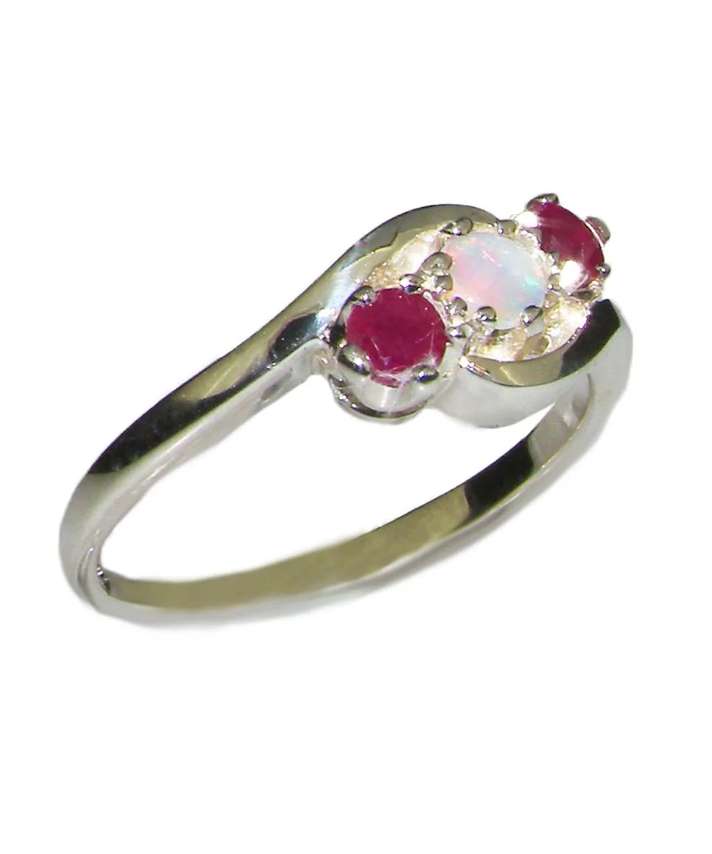 18k White Gold Natural Opal & Ruby Trilogy Ring Y586
