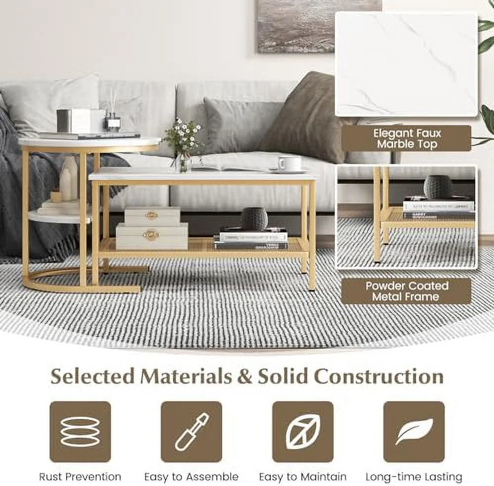 2 PCS Faux Marble Top Coffee Table Set I7945