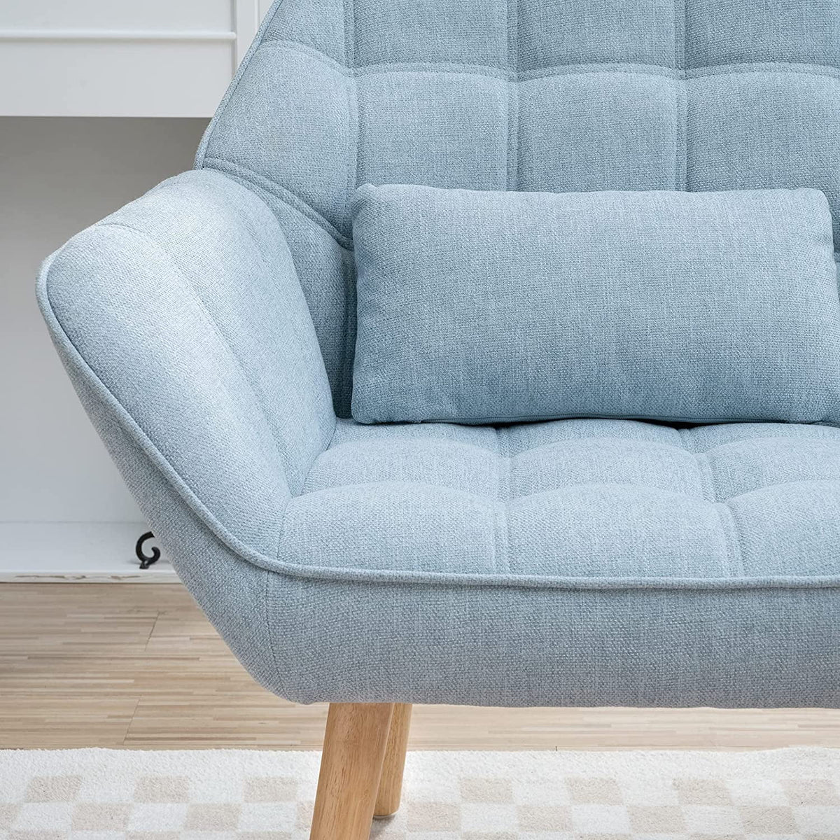 Light Blue Linen Fabric Loveseat Sofa with 2 Pillows Wood Legs Q688982