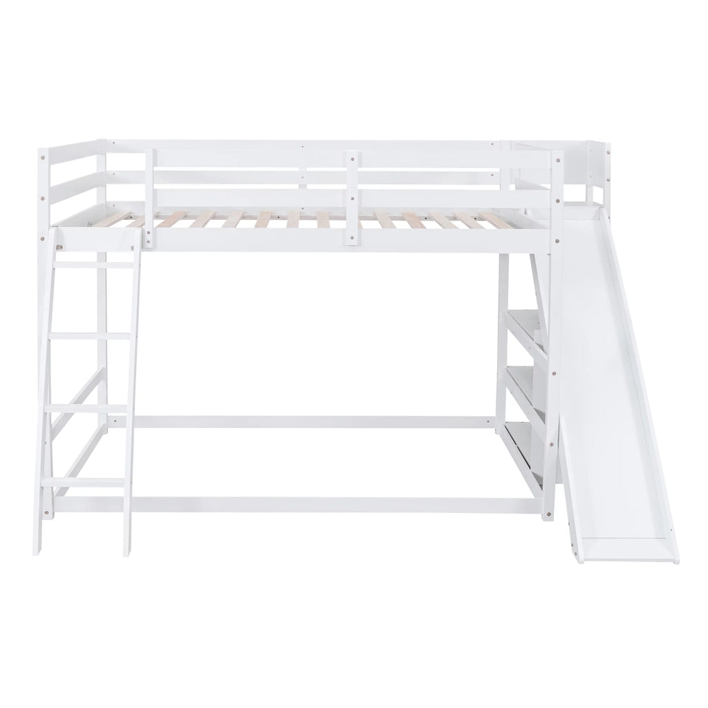 Full Over Full Solid Wood Bunk Bed with Slide and Bookshelves Y17946