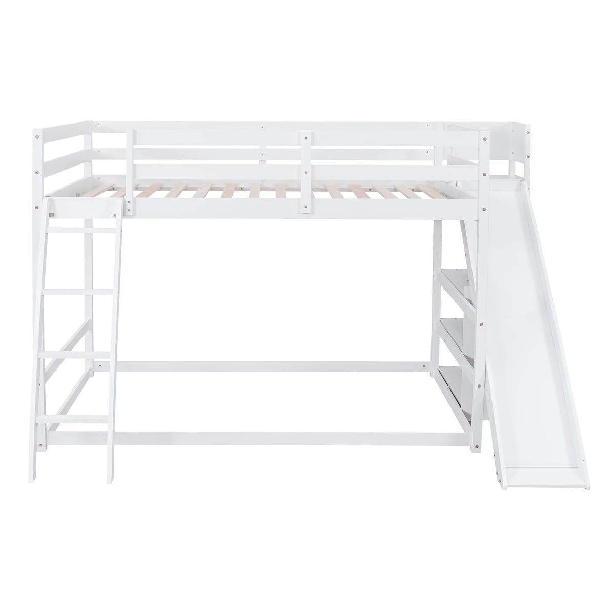 Full Over Full Solid Wood Bunk Bed with Slide and Bookshelves Y17946