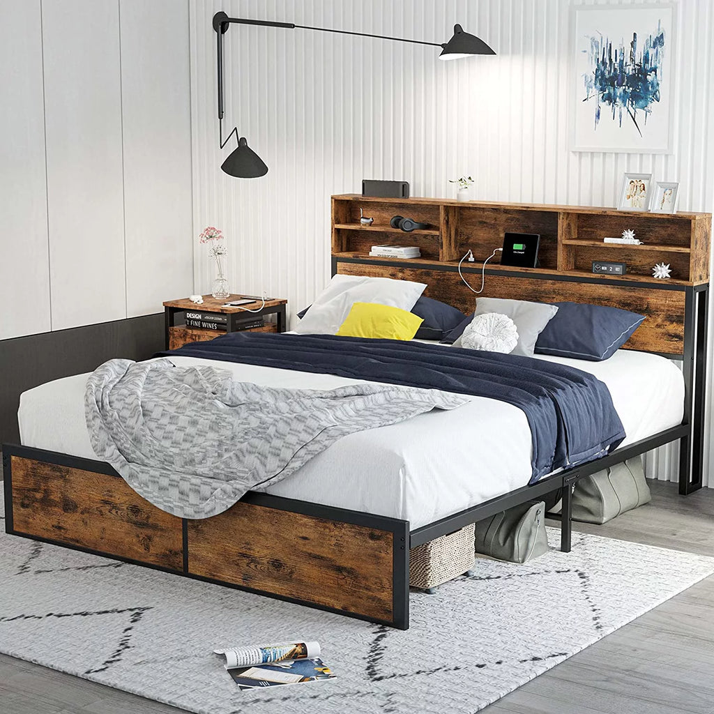Full Bed Frame with Bookcase Headboard and Charging Station J42237