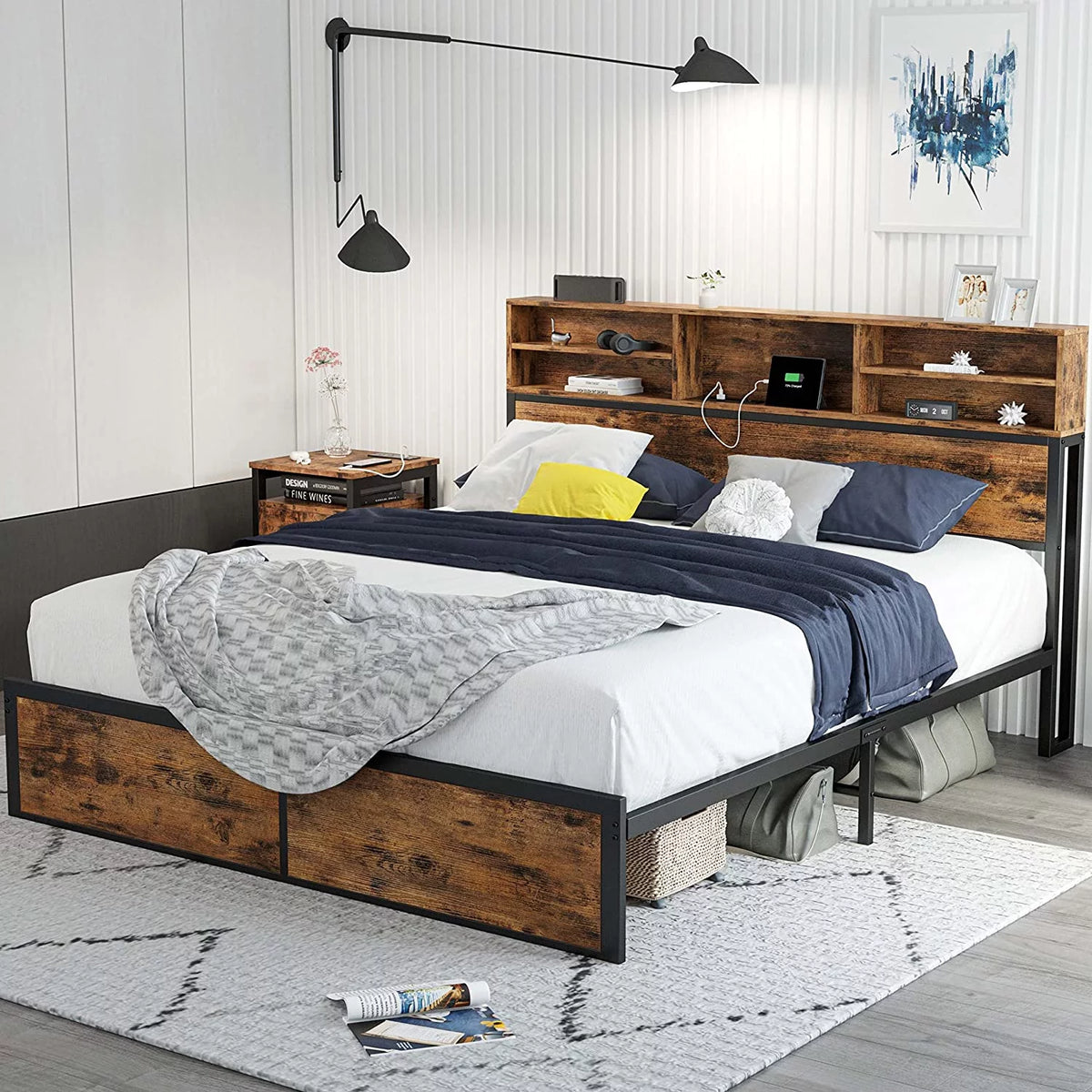 Full Bed Frame with Bookcase Headboard and Charging Station J42237
