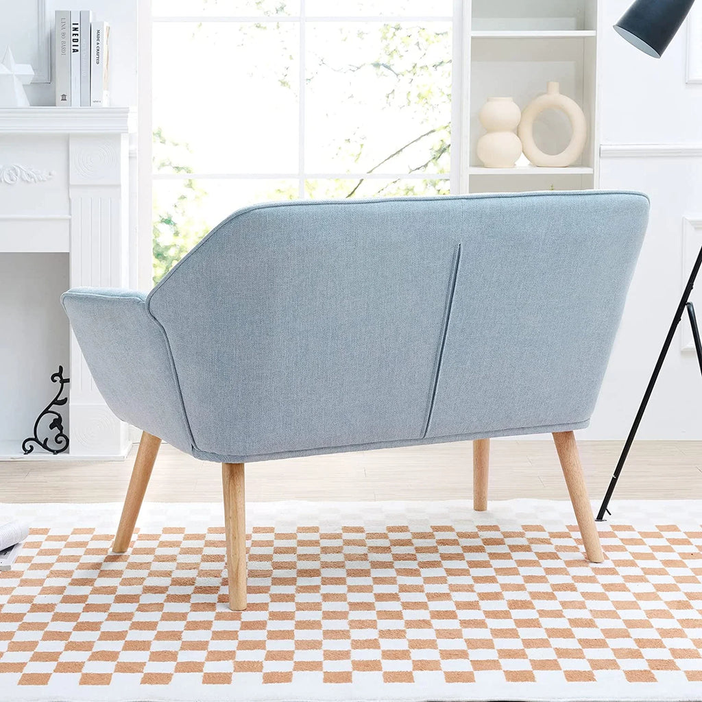 Light Blue Linen Fabric Loveseat Sofa with 2 Pillows Wood Legs Q688982