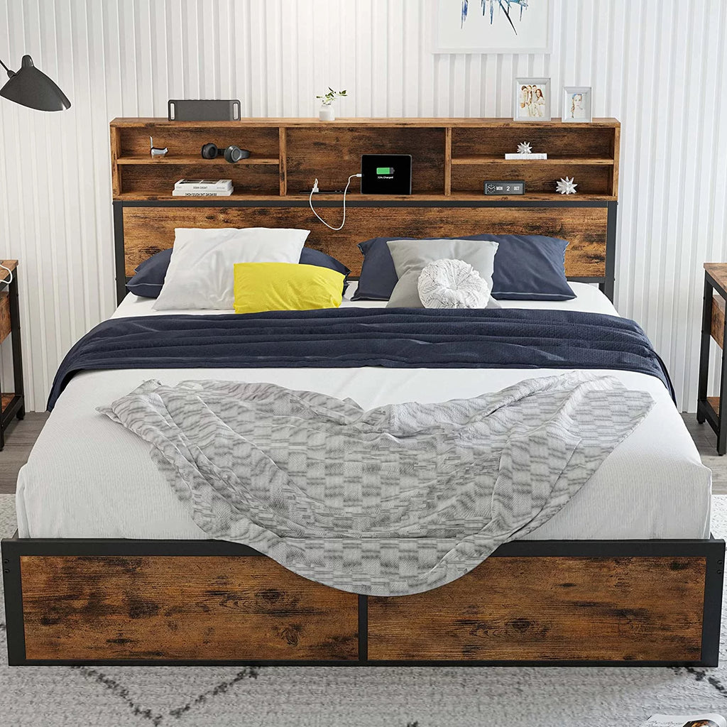Full Bed Frame with Bookcase Headboard and Charging Station J42237