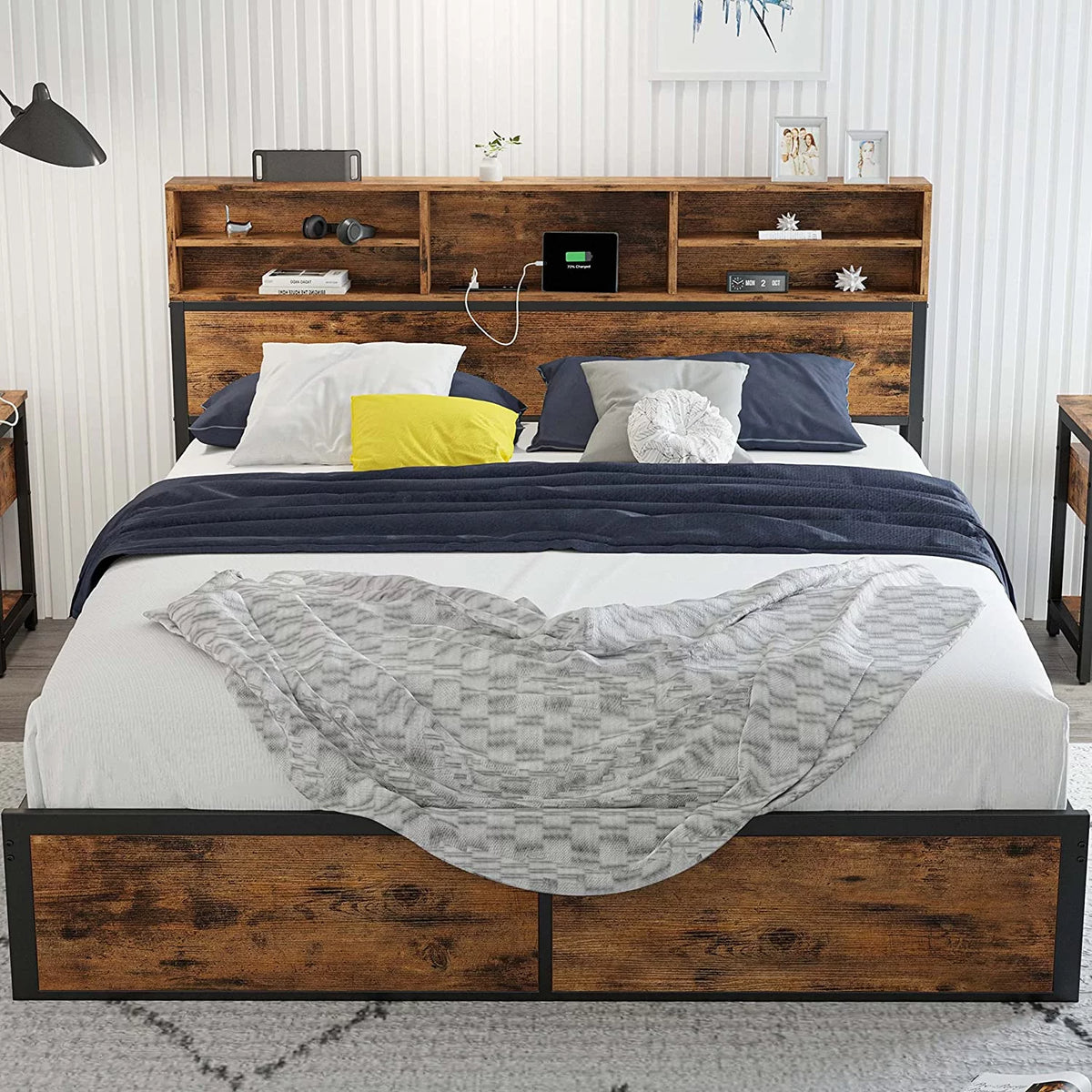 Full Bed Frame with Bookcase Headboard and Charging Station J42237