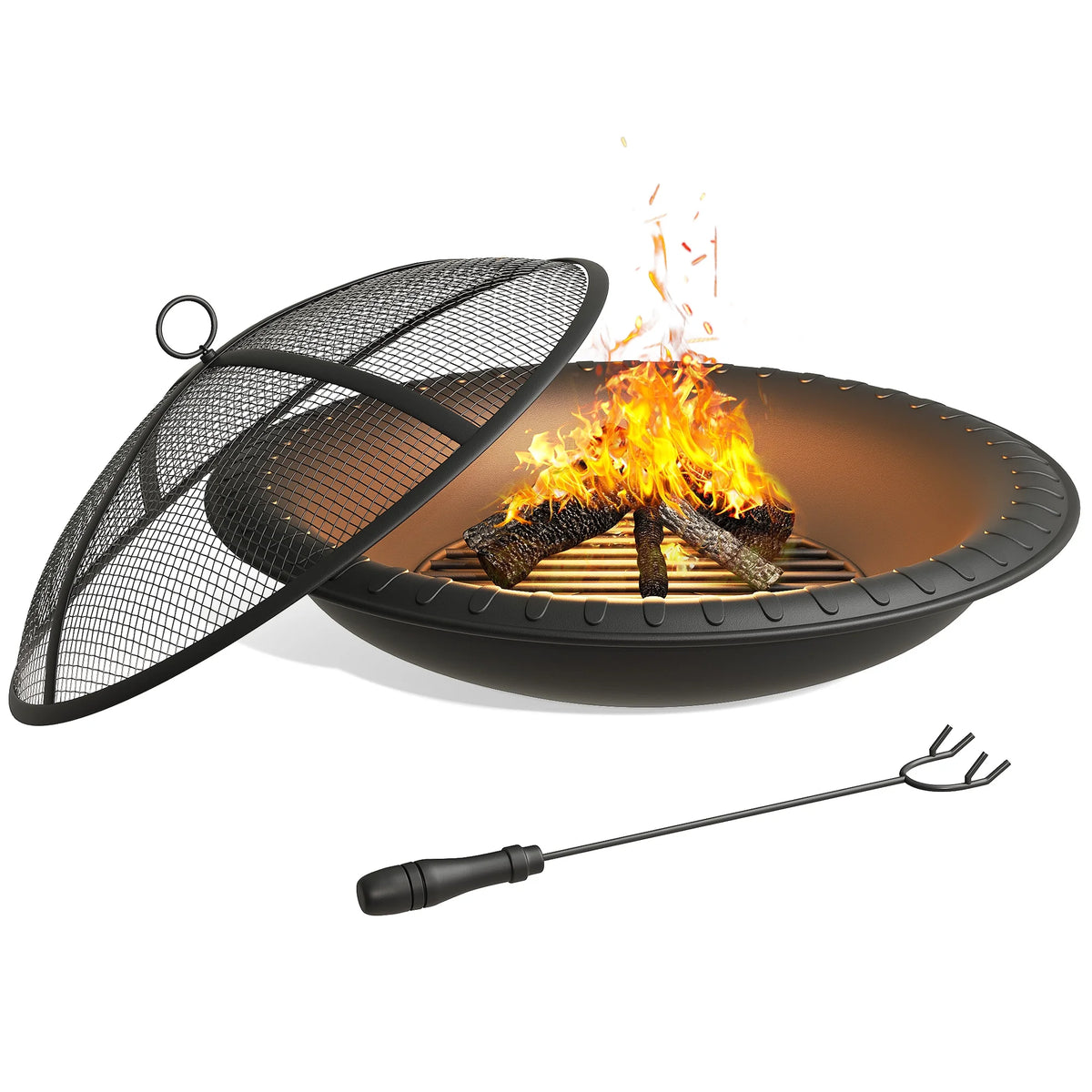 24'' Outdoor Round Fire Pit Bowl with Spark Screen and Poker A948524