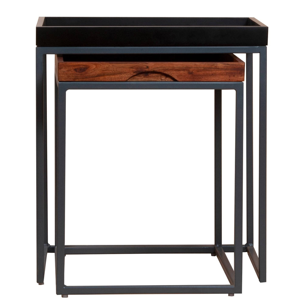 2 Piece Wooden Tray Top Nesting Table Set with Metal Frame, Brown and Black J902