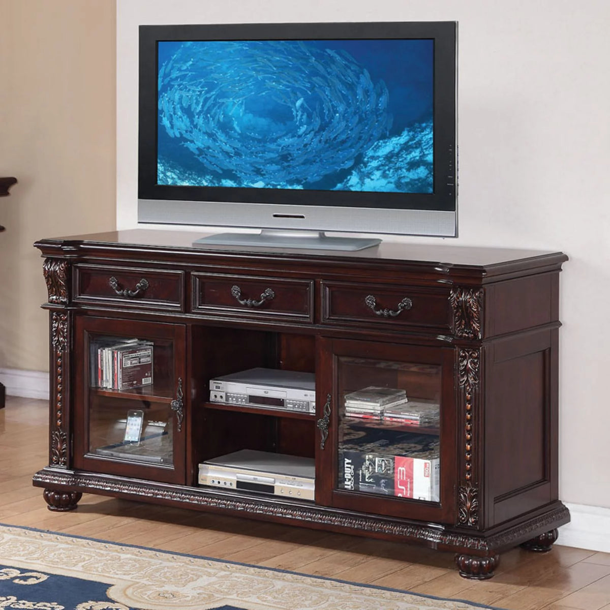 3-Drawer Wooden TV Stand with Glass Doors P25624