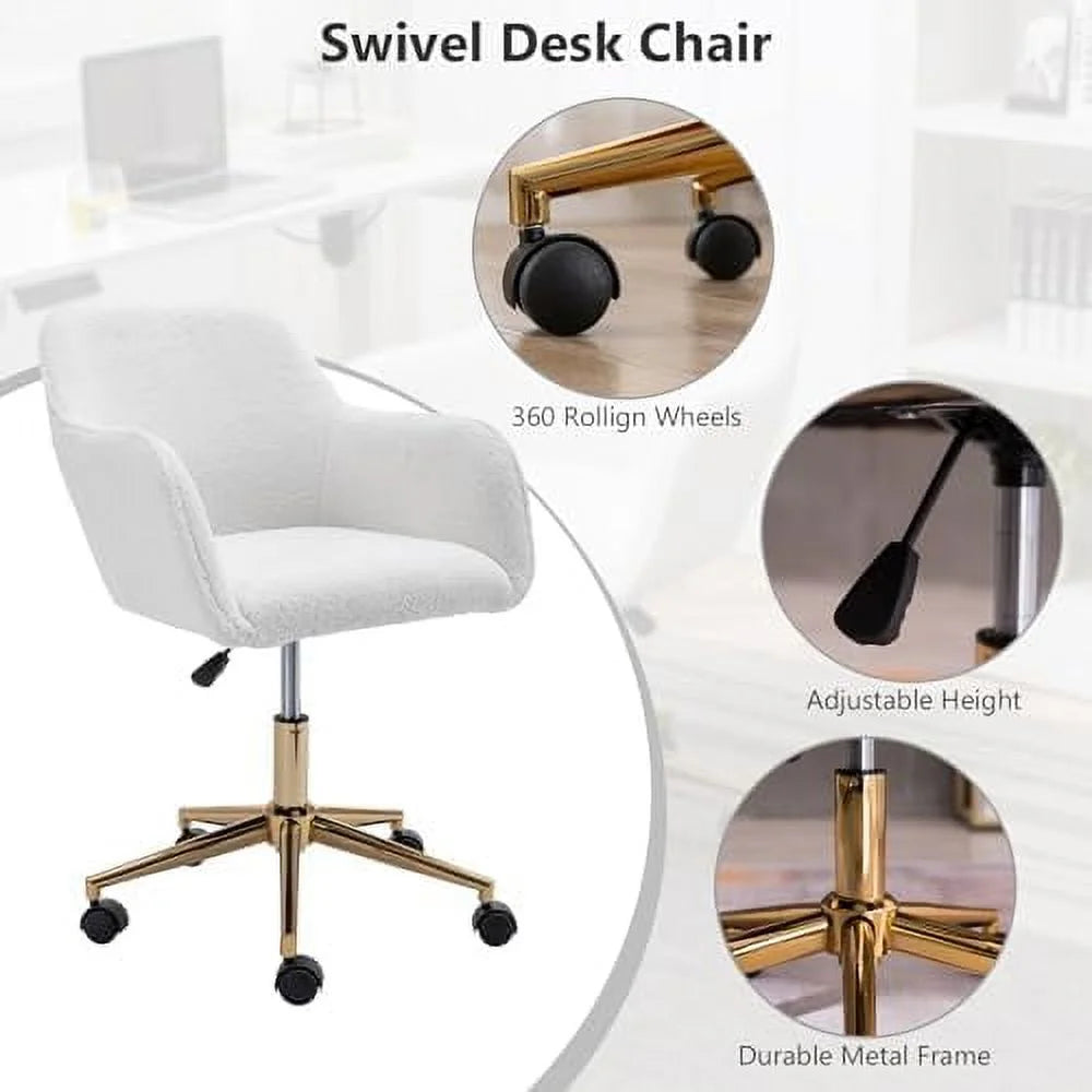White Sherpa Desk Chair with Wheels and Arms S324