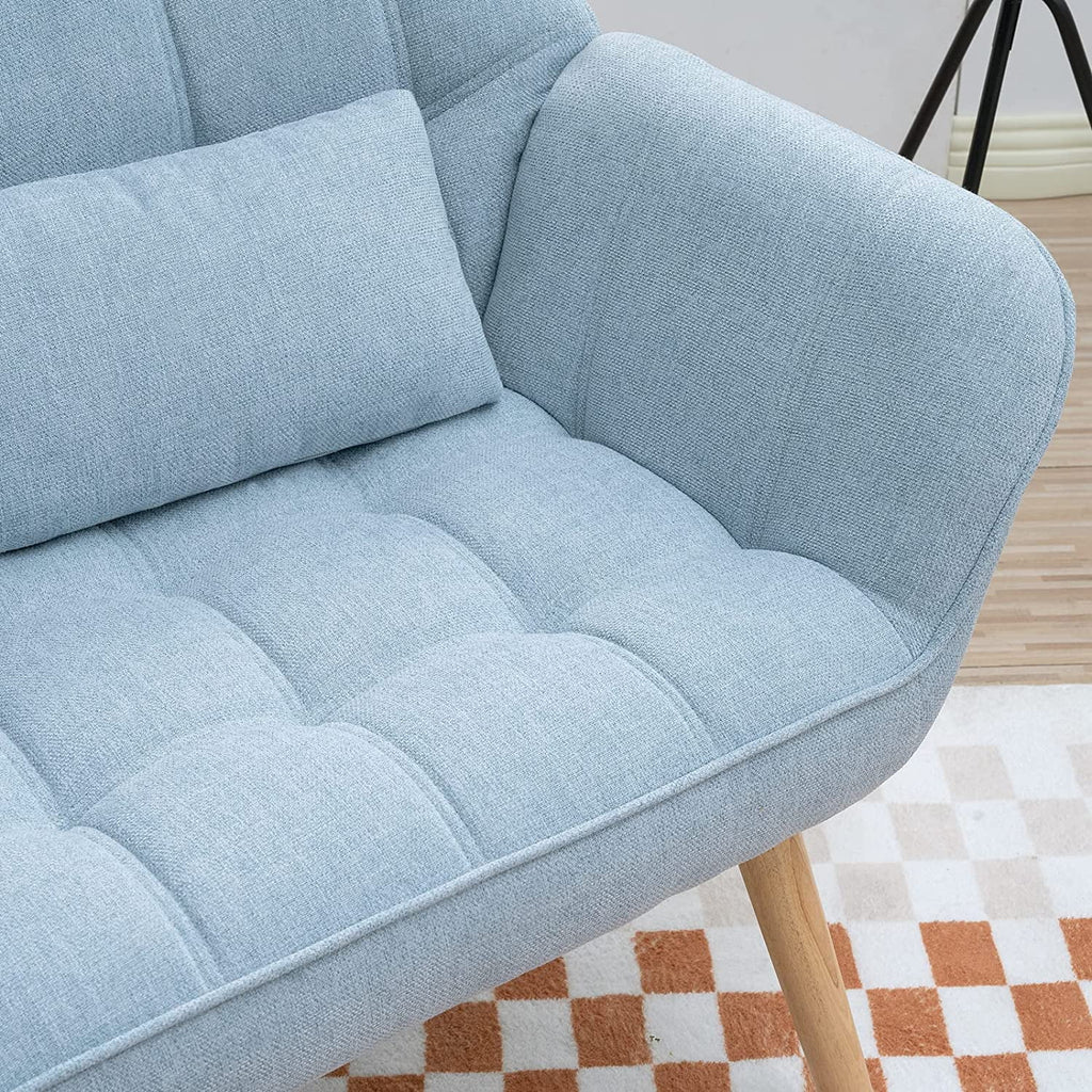 Light Blue Linen Fabric Loveseat Sofa with 2 Pillows Wood Legs Q688982