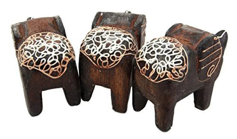 Hand Made Wood Elephant Family Miniature Figurine Set 2.5"L A87555
