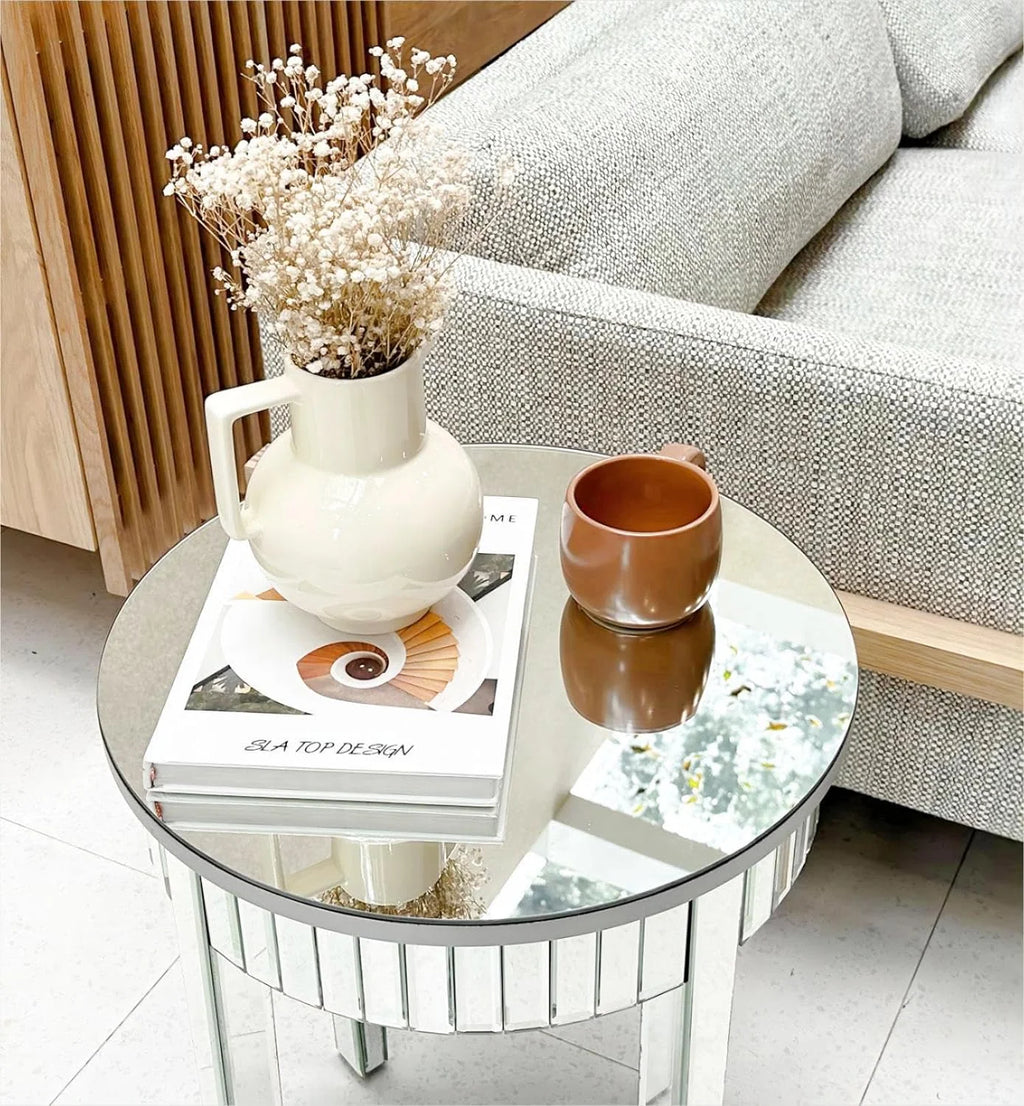 Round Mirrored End Table 17.7 inches Beveled Glass A7337