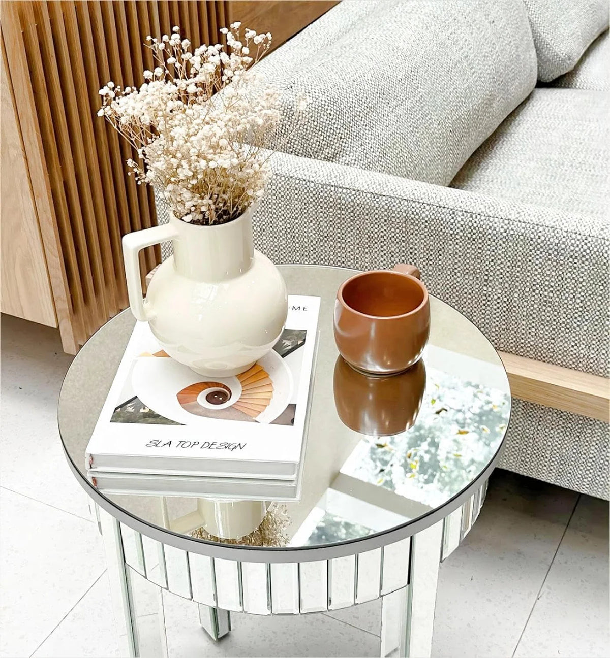 Round Mirrored End Table 17.7 inches Beveled Glass A7337