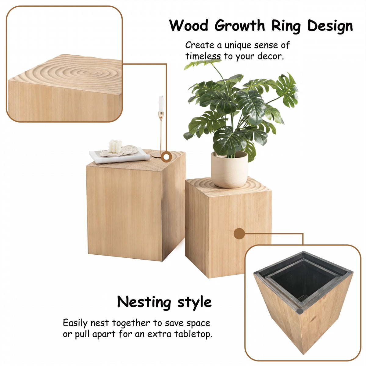 Set of 2 Natural Wood Tree Ring Pattern End Table I582808