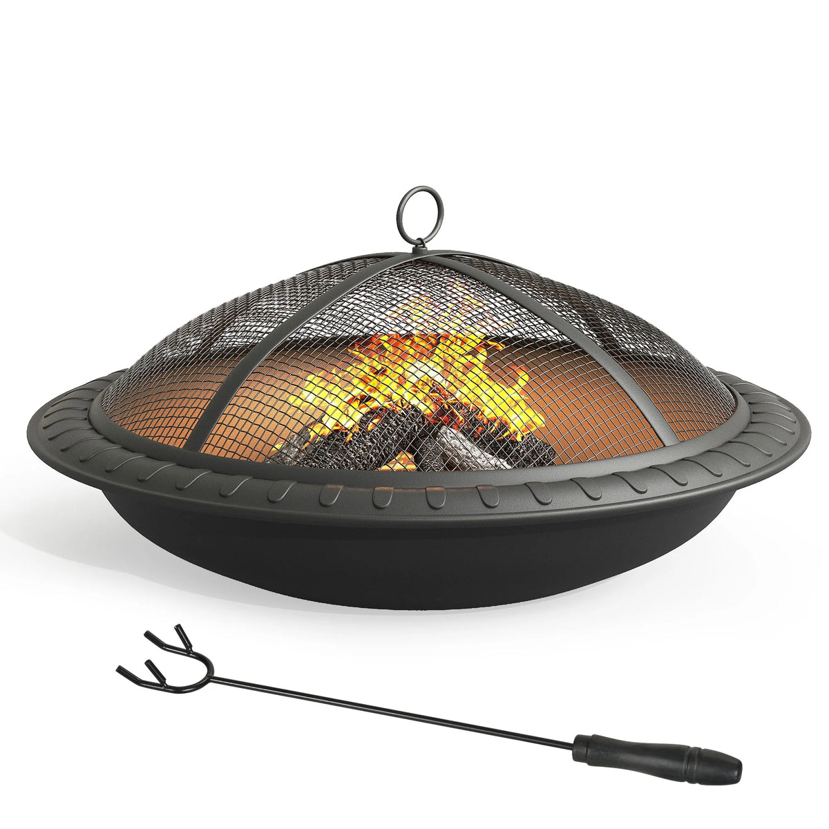 24'' Outdoor Round Fire Pit Bowl with Spark Screen and Poker A948524