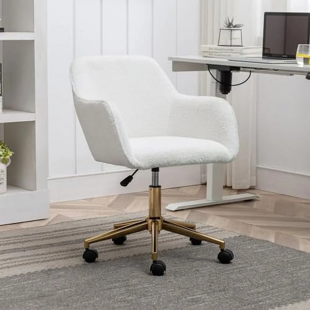 White Sherpa Desk Chair with Wheels and Arms S324