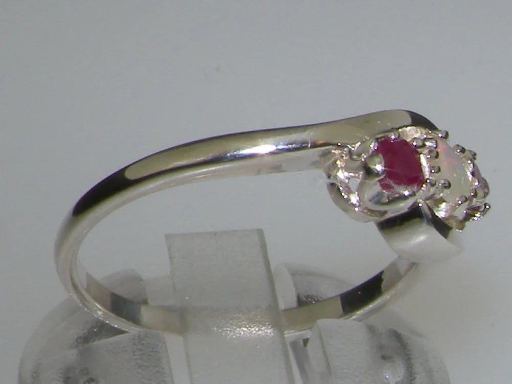 18k White Gold Natural Opal & Ruby Trilogy Ring Y586