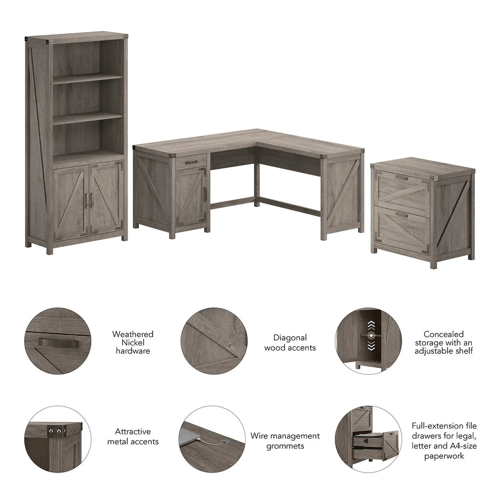L Shaped Desk with File Cabinet and Bookcase N123056