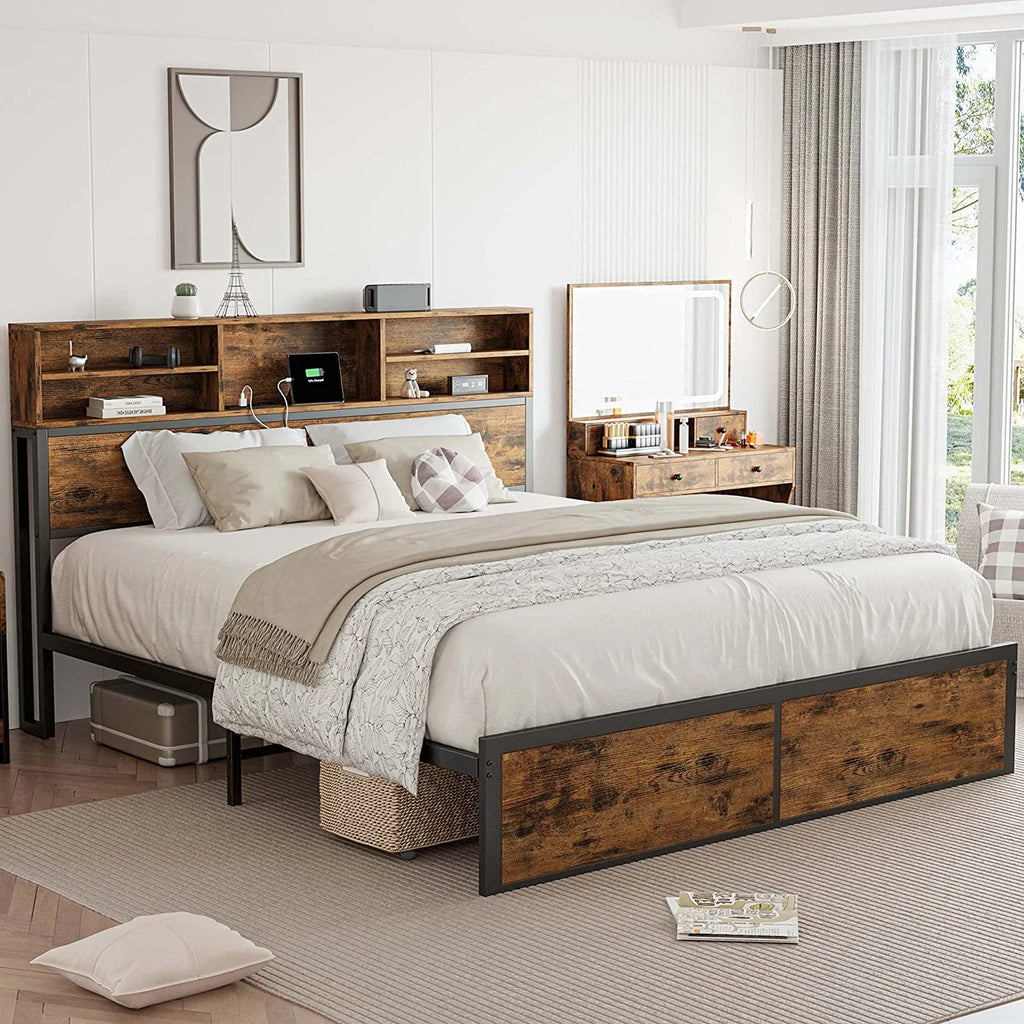 Full Bed Frame with Bookcase Headboard and Charging Station J42237