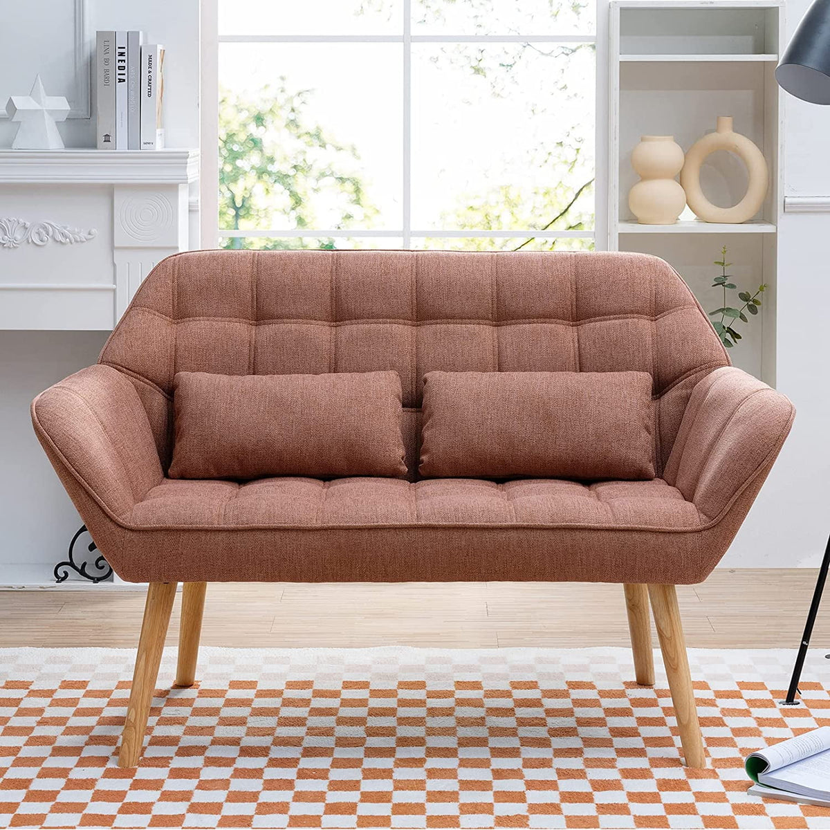 Light Blue Linen Fabric Loveseat Sofa with 2 Pillows Wood Legs Q688982