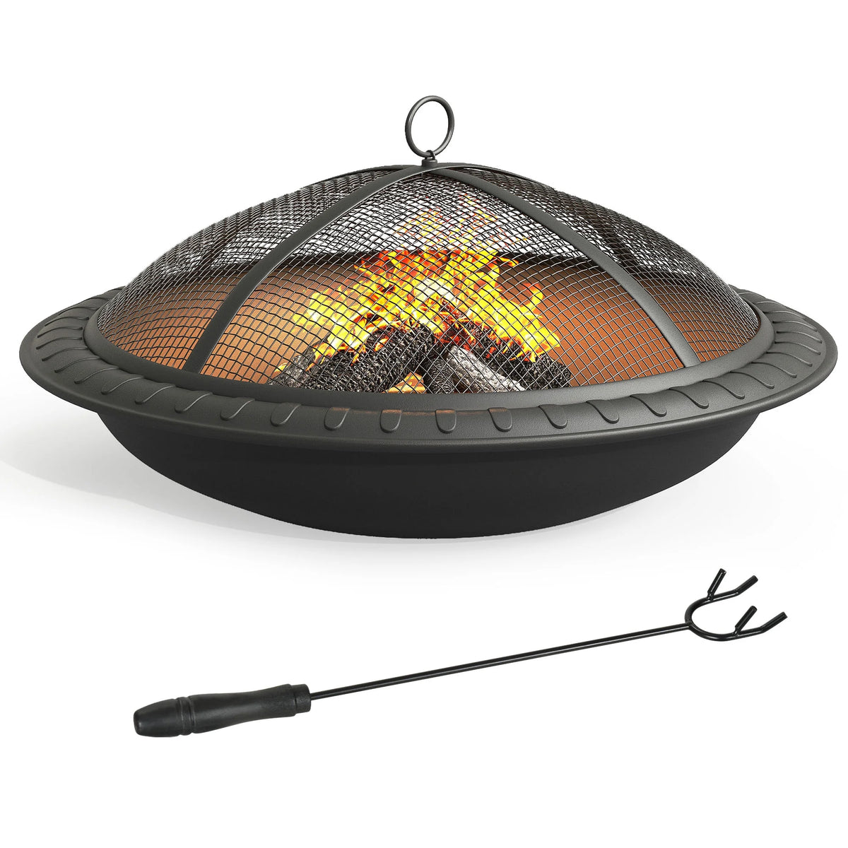 24'' Outdoor Round Fire Pit Bowl with Spark Screen and Poker A948524