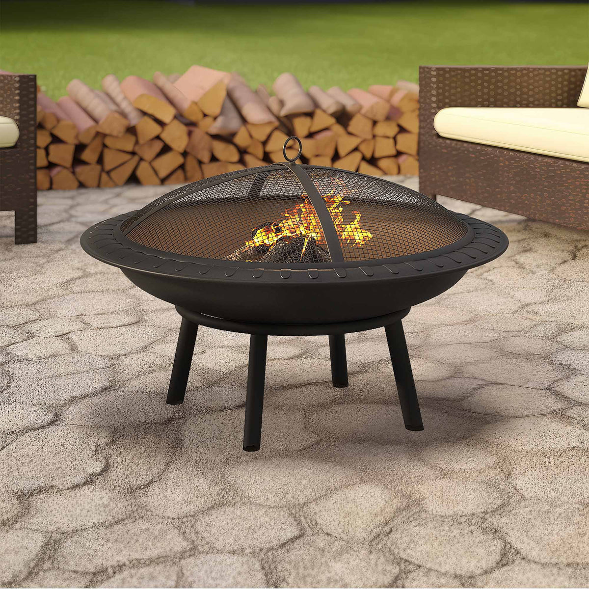24'' Outdoor Round Fire Pit Bowl with Spark Screen and Poker A948524