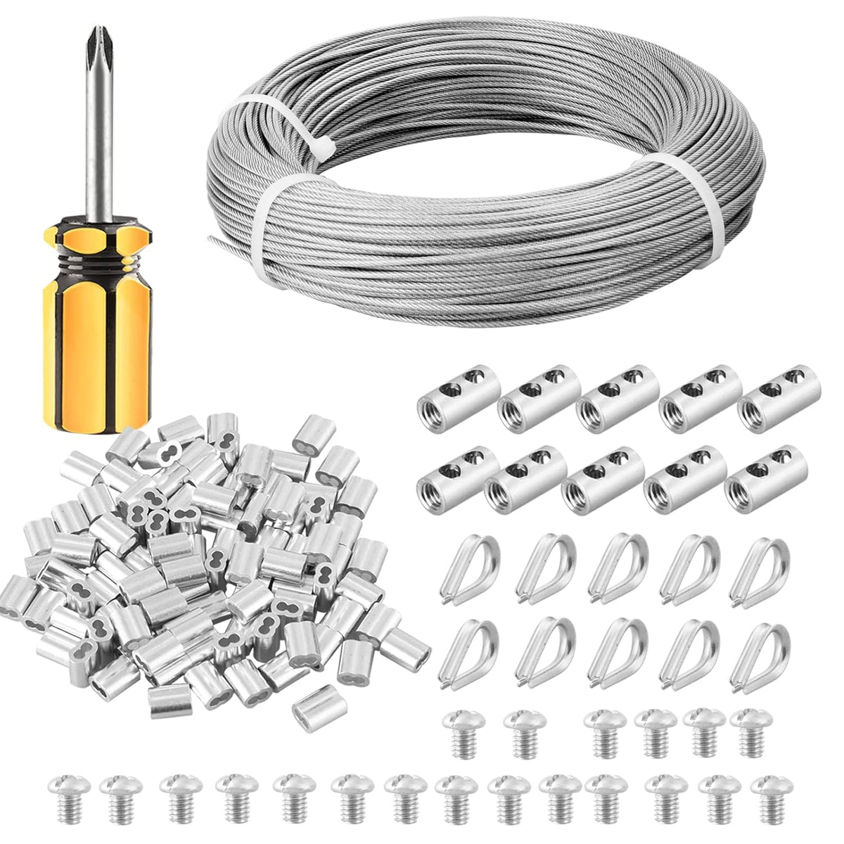 5/64 Coated Stainless Steel Wire Rope 328ft with Thimbles, Crimping Sleeves, Wire Rope Clips X604